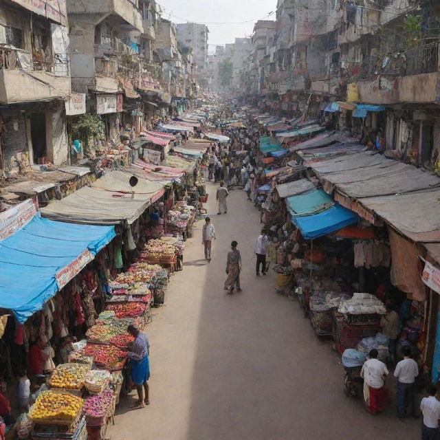 A bustling Sarojini Nagar market in Delhi, with no people in sight. Shops are filled with various items, from clothing to household goods, but the market is eerily empty.