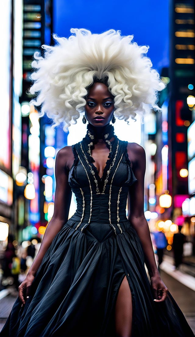 A black high-end fashion model in Tokyo nightlife wearing a 1700s powdered wig.