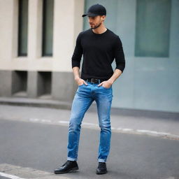 A stylish man donning a sharp black cap and a pair of cool blue jeans