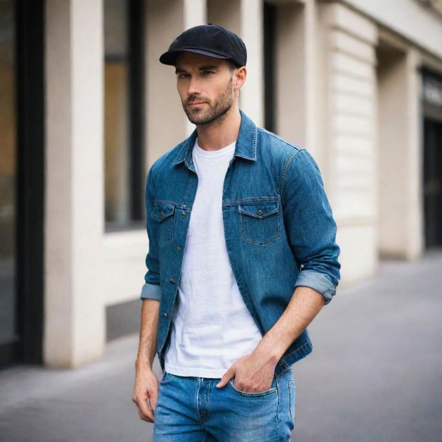 A stylish man donning a sharp black cap and a pair of cool blue jeans