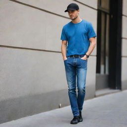 A stylish man donning a sharp black cap and a pair of cool blue jeans