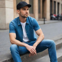 A stylish man donning a sharp black cap and a pair of cool blue jeans