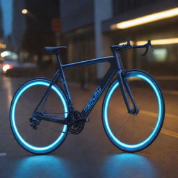 A futuristic bicycle imbued with the concept of light speed. Streaming light trails emanate from its wheels, embodying the sensation of incredible speed.