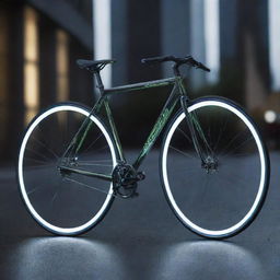 A futuristic bicycle imbued with the concept of light speed. Streaming light trails emanate from its wheels, embodying the sensation of incredible speed.