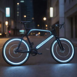 A futuristic bicycle imbued with the concept of light speed. Streaming light trails emanate from its wheels, embodying the sensation of incredible speed.