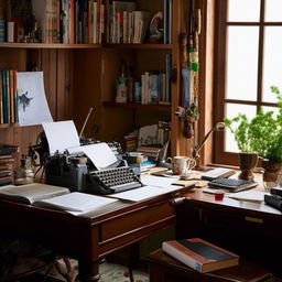 A cozy writer's room filled with books, typewriter on a wooden desk, overflowing with notes and a hot cup of coffee