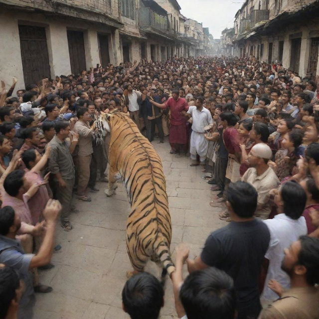 A large crowd of 100 people engaging in a confrontational but non-violent standoff with a single tiger in an ancient, historic city.