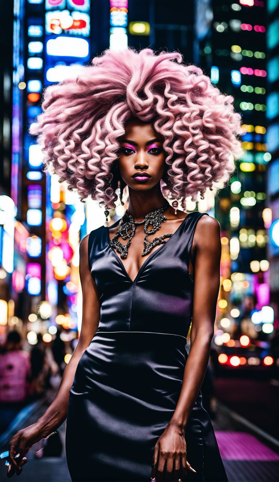 A black high-end fashion model in Tokyo nightlife wearing a pink Rococo-styled wig.