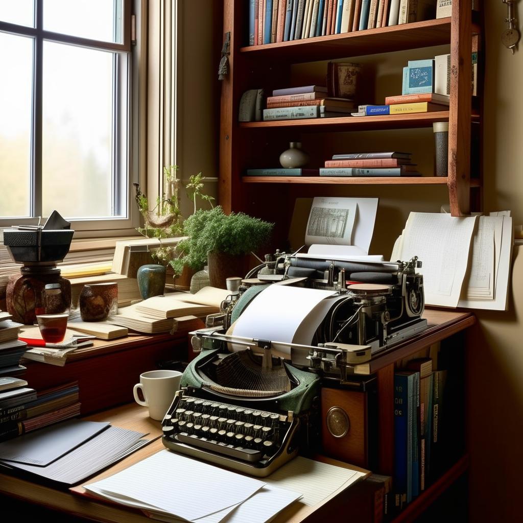 A cozy writer's room filled with books, typewriter on a wooden desk, overflowing with notes and a hot cup of coffee