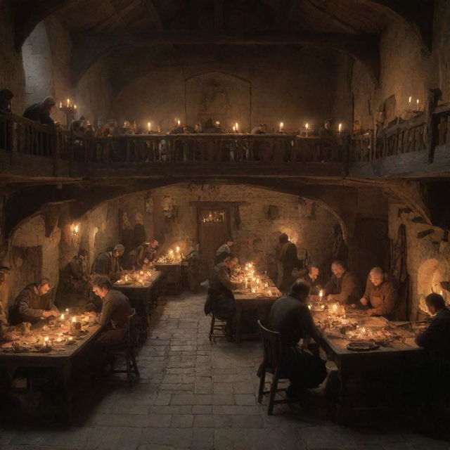 A bustling medieval guild headquarters with various artisans at work, illuminated by warm candlelight.