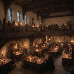 A bustling medieval guild headquarters with various artisans at work, illuminated by warm candlelight.