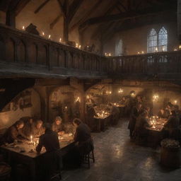 A bustling medieval guild headquarters with various artisans at work, illuminated by warm candlelight.