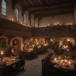 A bustling medieval guild headquarters with various artisans at work, illuminated by warm candlelight.