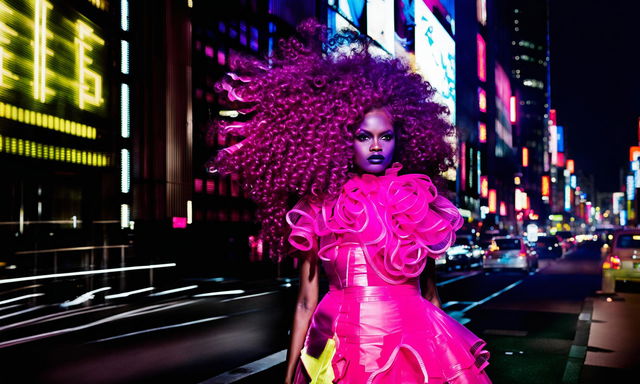 A black high-end fashion model in Tokyo nightlife wearing a neon pink Rococo-styled wig and a daring outfit.