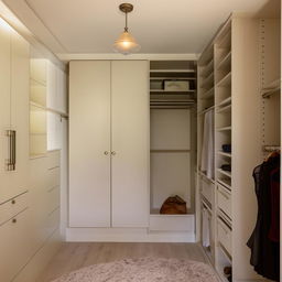 A small, cozy bedroom elegantly designed to appear spacious, featuring a cleverly disguised walk-in closet that gives an illusion of grandeur.