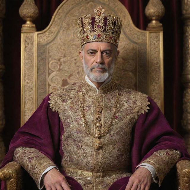 A regal portrait of Xerxes, the Persian king, adorned in royal robes and a golden crown, with proud, intense expression in a grand throne room backdrop