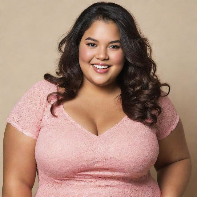 A young, fun-loving, kind-hearted, plus-size Latina teenager, displaying her jovial nature