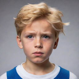 A boy with golden hair under immense pressure, showing determination and resilience in his expression and posture.