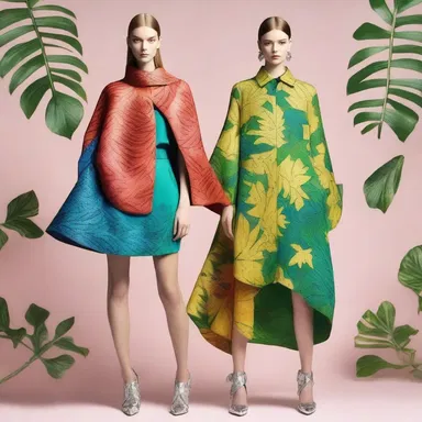 The holophytic trend in fashion is represented by clothing designs that feature leaf patterns and vibrant, plant-inspired colors.
