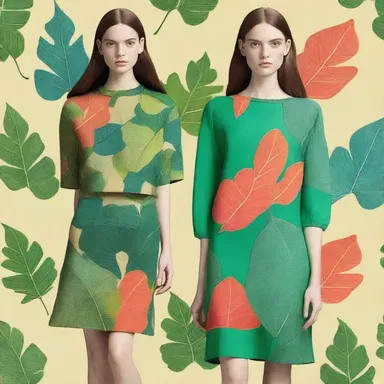 The holophytic trend in fashion is represented by clothing designs that feature leaf patterns and vibrant, plant-inspired colors.