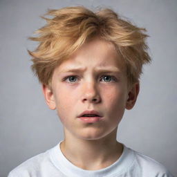 A boy with golden hair under immense pressure, showing determination and resilience in his expression and posture.