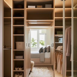 A small, cozy bedroom elegantly designed to appear spacious, featuring a cleverly disguised walk-in closet that gives an illusion of grandeur.