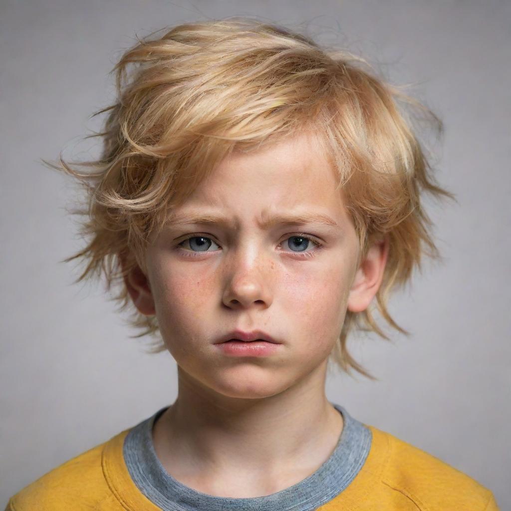 A boy with golden hair under immense pressure, showing determination and resilience in his expression and posture.