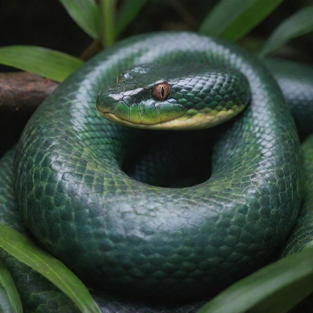 A vivid and detailed image of a green anaconda coiled up in its natural, lush, tropical rainforest habitat, showcasing its intense and mesmerizing scale pattern.