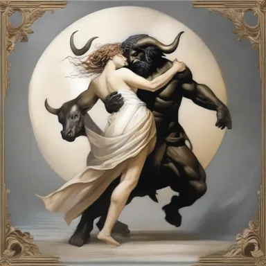 According to Greek mythology, Zeus transformed himself into a bull to kidnap Europa, attempting to deceive her with an affectionate hug.