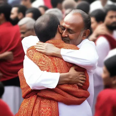 During the holy ceremony, the devotees hug each other to symbolize unity and brotherhood.