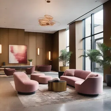 The modern hotel lobby features a cozy seating area with large plush couches, inviting guests to relax and enjoy a warm hug from the surrounding interior design.