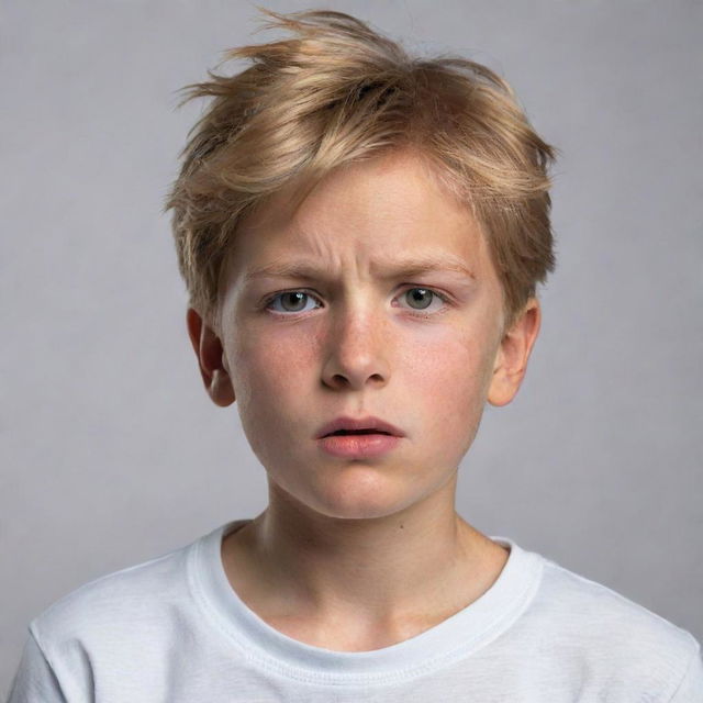 A boy with golden hair under immense pressure, exhibiting signs of determination and resilience in his facial expressions and body language.