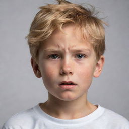 A boy with golden hair under immense pressure, exhibiting signs of determination and resilience in his facial expressions and body language.