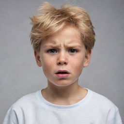 A boy with golden hair under immense pressure, exhibiting signs of determination and resilience in his facial expressions and body language.