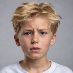 A boy with golden hair under immense pressure, exhibiting signs of determination and resilience in his facial expressions and body language.