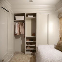 A small, cozy bedroom elegantly designed to appear spacious, featuring a cleverly disguised walk-in closet that gives an illusion of grandeur.