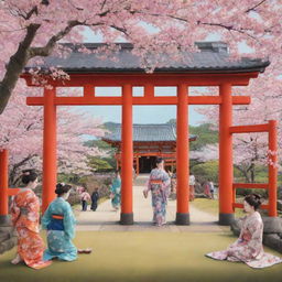 A vivid scene illustrating Japanese culture, encapsulating traditional tea ceremonies, cherry blossoms, Geishas, sumo wrestlers, and torii gates