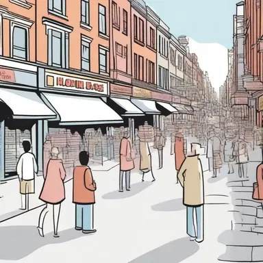 In the cartoon, the bustling city street was filled with foot traffic as people walked in and out of shops.