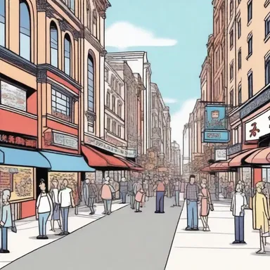 In the cartoon, the bustling city street was filled with foot traffic as people walked in and out of shops.