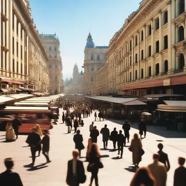 In the novel, the protagonist described the hustle and bustle of foot traffic in the city square on a sunny afternoon.