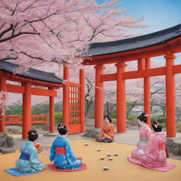 A vivid scene illustrating Japanese culture, encapsulating traditional tea ceremonies, cherry blossoms, Geishas, sumo wrestlers, and torii gates