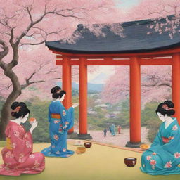 A vivid scene illustrating Japanese culture, encapsulating traditional tea ceremonies, cherry blossoms, Geishas, sumo wrestlers, and torii gates