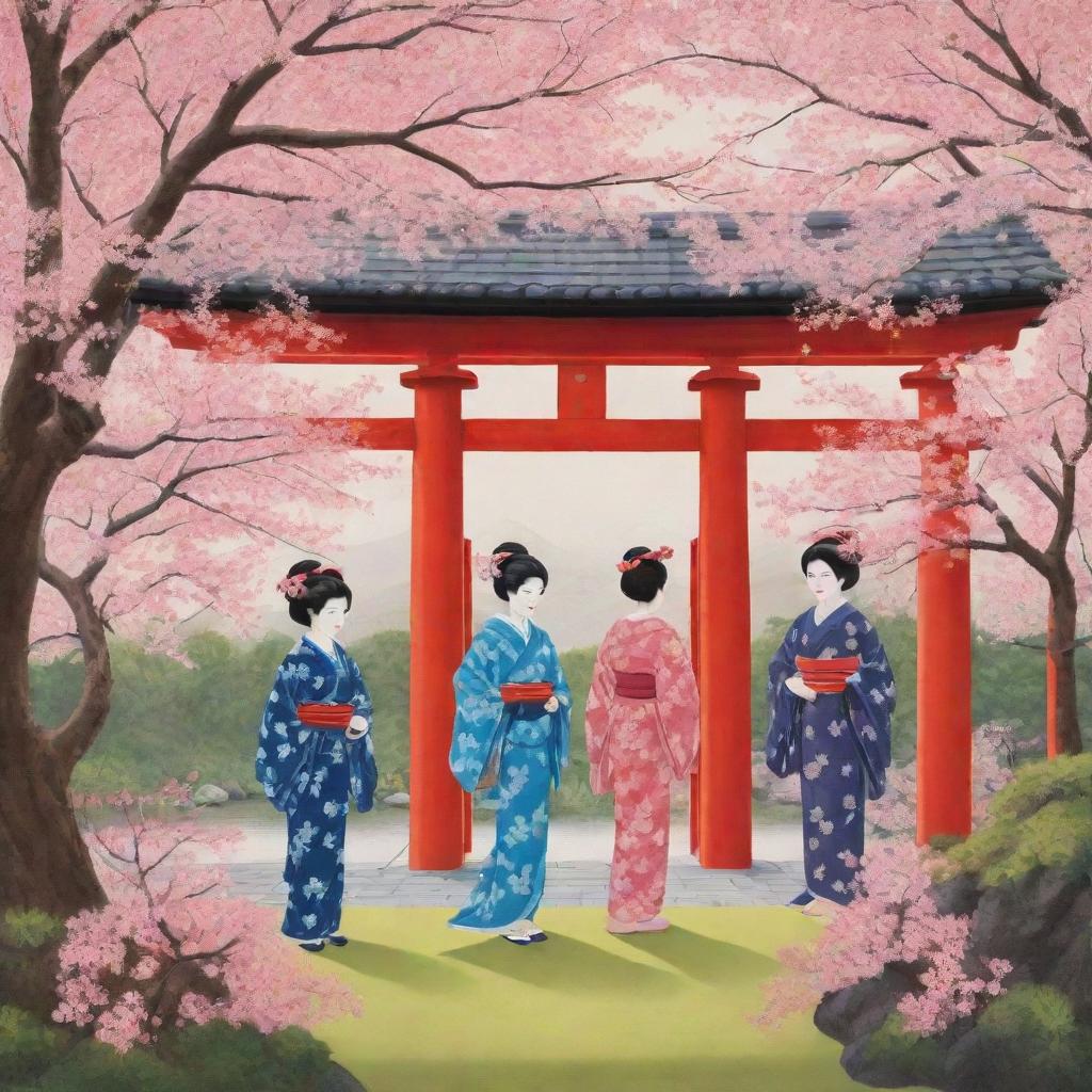 A vivid scene illustrating Japanese culture, encapsulating traditional tea ceremonies, cherry blossoms, Geishas, sumo wrestlers, and torii gates