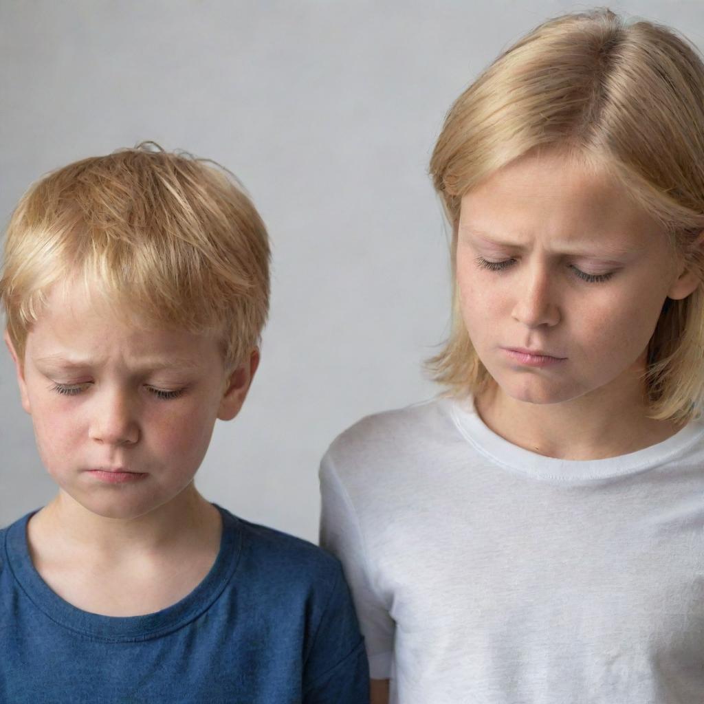 A young boy with golden hair showing disrespect to his mother, their expressions and body language effectively depicting tension.