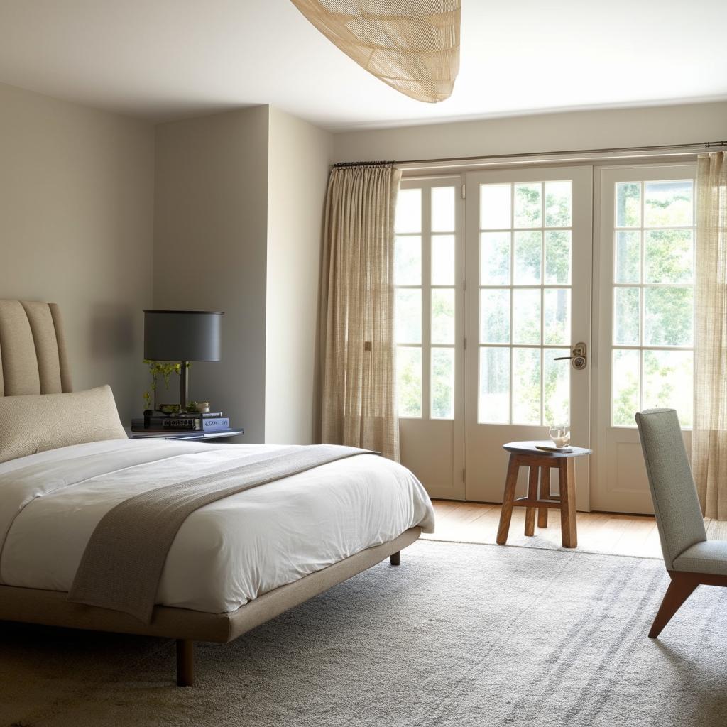 An elegantly designed bedroom with modern furniture, natural light, and a soothing color palette.