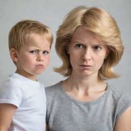 A young boy with golden hair showing disrespect to his mother, their expressions and body language effectively depicting tension.