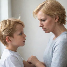 A young boy with golden hair showing disrespect to his mother, their expressions and body language effectively depicting tension.