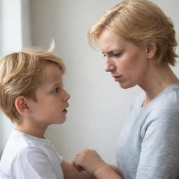 A young boy with golden hair showing disrespect to his mother, their expressions and body language effectively depicting tension.