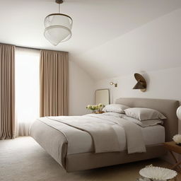 An elegantly designed bedroom with modern furniture, natural light, and a soothing color palette.