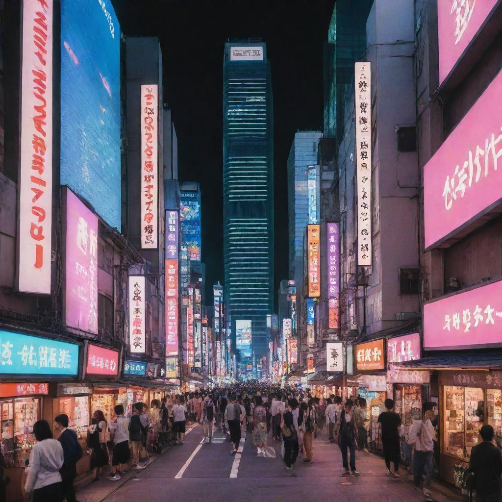 A bustling anime-inspired Japanese street, suffused with neon lights, towering skyscrapers, bustling people, and a blend of traditional and modern architectural elements